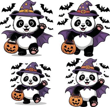 linda pandas en bruja sombreros con caramelo cubos y murciélagos vector