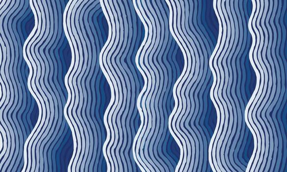 Hand drawn brush lines abstract waves and ripple pattern in monochromatic blue, Japanese and ethnic wood carving texture background, simple graphic for textile, decoration, carpet vector