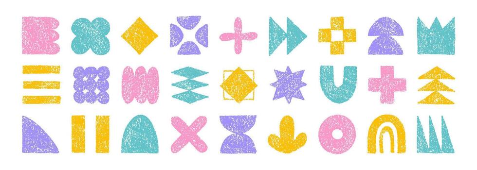 Colorful shapes and brutal figures with crayon pencil rough texture. Abstract hand drawn element set. Graphic sticker icon vector