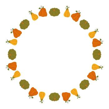 Autumn round wreath with various pumpkins and space for text. Flat illustration in hand drawn style. Universal template for branding, card, poster, menu, scrapbooking, invitation, label vector