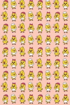 Chick characters showing different emotions pattern background, vector