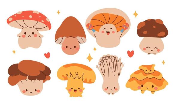 Various mushroom characters. Funny cartoon hero. Hand drawn flat style. drawing. Cute Collection of design elements isolate on white . vector