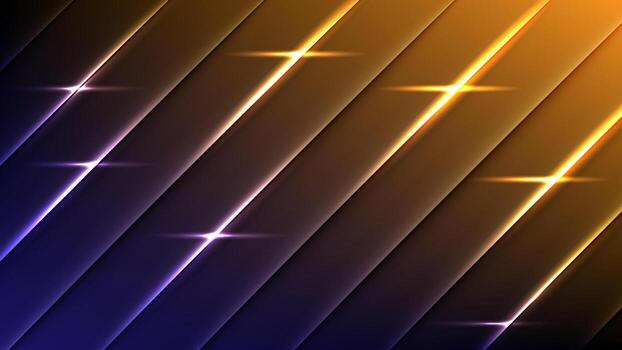 Modern abstract background featuring 3D diagonal lines with glowing light streaks in purple and golden gradient tones vector