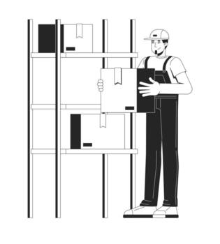 Stock availability and restocking outline illustration. Inventory management. Warehouse worker arranging cardboard boxes on shelves 2D line character isolated. Monochrome ink linear image vector