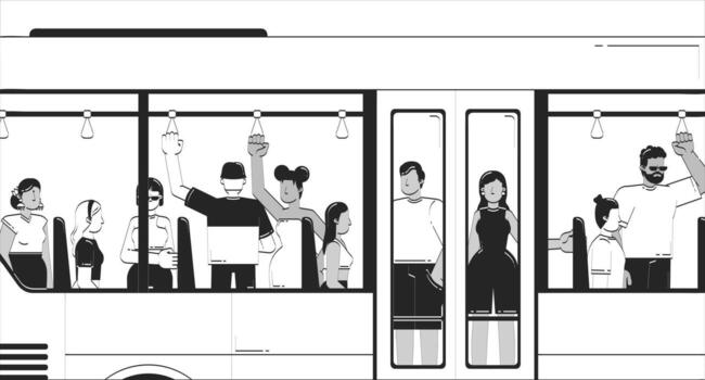Crowded bus with diverse faceless passengers doodle lineart illustration. Public transport and daily urban commuting 2D line ink characters on white background. Monochrome outline hand-drawn vector