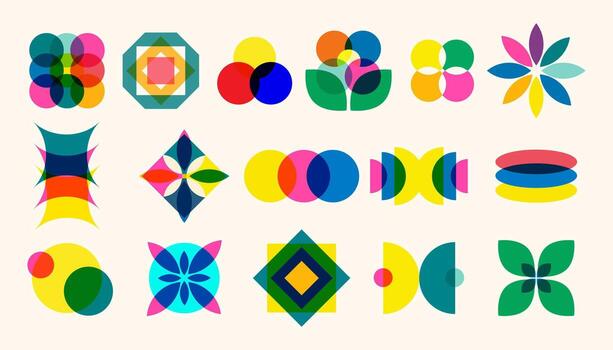 Geometric Shapes in Risograph Style Icon Set. Abstract geometric shapes and floral icons with overlapping transparent areas in vibrant Risograph retro style. illustration vector