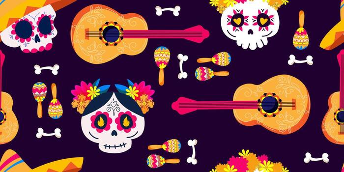 Day of the Dead Seamless Pattern with Sugar Skulls, Guitars, and Holiday Elements. Mexican Day of the Dead Background with Calaveras for print, wrapping paper, and textile design. illustration vector