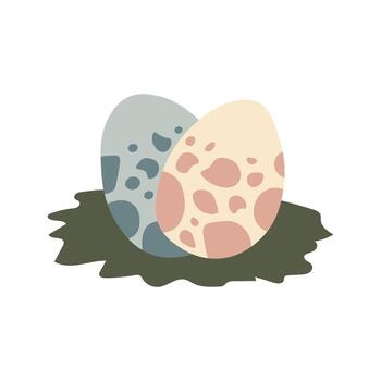 Two dinosaur eggs with colorful spots lying in a nest, shown in flat style and isolated on white background vector