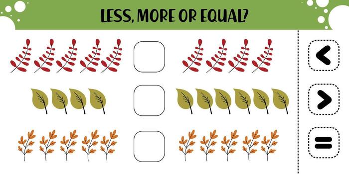 Preschool math worksheet with red, green, and orange leaves for comparing quantities using less than, greater than, and equal symbols in a seasonal autumn activity vector