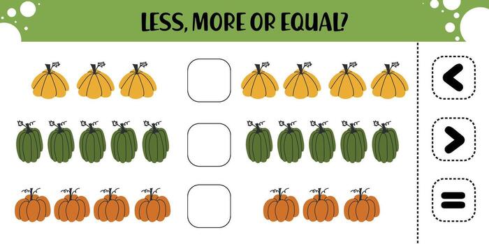 Educational worksheet for kids featuring pumpkins in three colors to practice counting and comparing quantities using less than, greater than, or equal to symbols vector