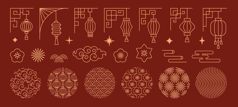 A set of Chinese New Year decorative elements in a gold line art style. Includes lanterns, clouds, flowers, and traditional Asian patterns for festive design. vector