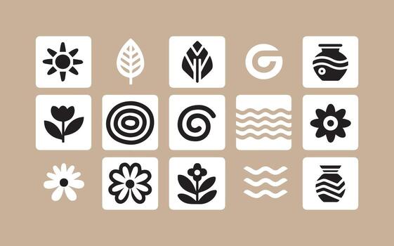 colección de resumen botánico y geométrico íconos en un beige antecedentes vector