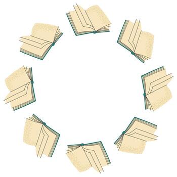 Opened books arranged in a circular frame on white background. Perfect for education, school, reading, and library themed designs vector