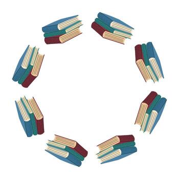 Stacked books arranged in a circular frame on white background. Perfect for education, school, reading, and library themed designs. vector
