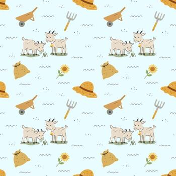 Pattern of goats and farming tools vector
