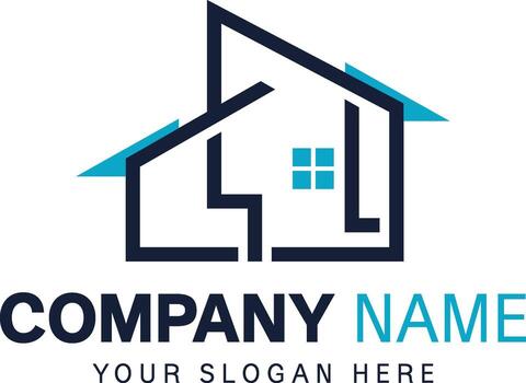 A stylized abstract house outline in dark blue and teal featuring a small window. Includes placeholder text for company name and slogan. vector