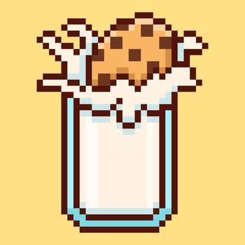 A charming pixel art of a chocolate chip cookie being dunked into a glass of milk, captured with a delightful splash. Designed in a nostalgic 8-bit retro style vector