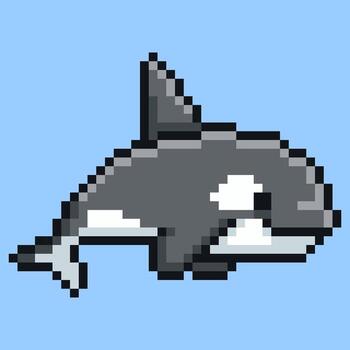 A pixel art sprite of an Orca, also known as a killer whale, designed in a 8-bit retro game style. This sea mammal is ideal for educational about marine life, or as a digital mascot vector