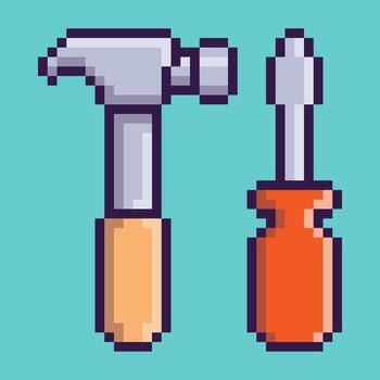 A set of hammer and screwdriver designed in a retro pixel art style. This 8-bit illustration of essential hand tools is a perfect symbol for construction, repair and DIY projects vector