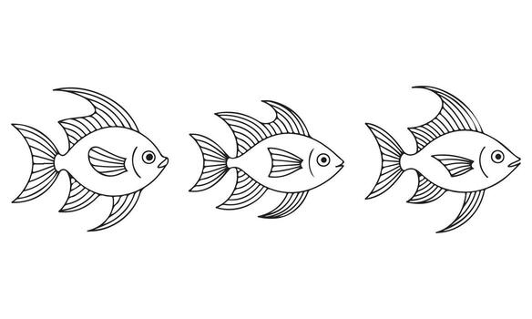 Elegant Black and White Fish Swimming in Formation Cartoonish Aquatic Scene Simple Line Art Style for Children vector