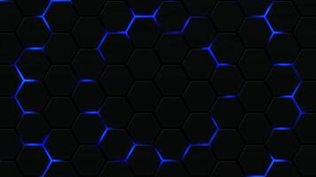 blå glöd sexhörning svart bakgrund. abstrakt futuristi yta mönster svart, vaxkaka med offset effekt. blå abstrakt lysande sci-fi bakgrund. hexagonal vägg geometrisk mönster jag looped video