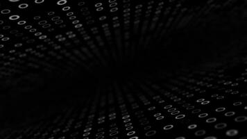 Abstract pattern with white glowing geometric shapes. digital space of round elements on black background. Geometric shapes movement. Monochrome grid black. Seamless loop. 4k 60 fps, Ultra HD. video