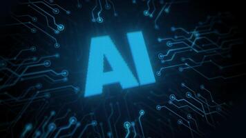 alto Tech neon circuito tavola. raggiante blu ai circuito animazione. futuristico digitale dati in movimento su circuito tavola. scheda madre grafica patata fritta blu. astratto neon microcircuito. ciclo continuo 4k 60 fps, ultra hd. video