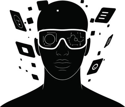 Futuristic silhouette of a person wearing vr goggles surrounded by abstract digital elements and data vector