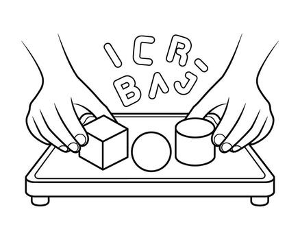 Hands holding geometric shapes and an egg on a tray with text above vector
