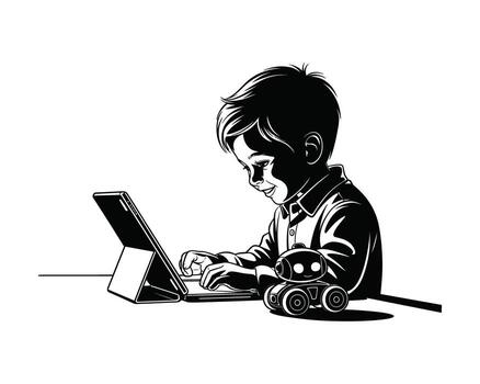 Young boy engrossed in learning and playing on a tablet computer with a small robot companion vector