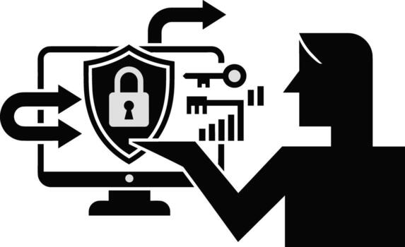 la seguridad cibernética concepto con un persona interactuando con un computadora mostrando un bloqueado proteger y llaves vector