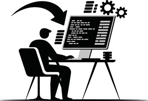 programador trabajando en computadora con código en pantalla y engranajes simbolizando desarrollo proceso vector