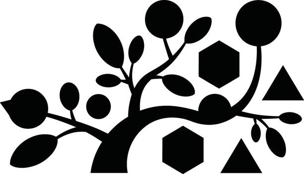 Abstract silhouette of a stylized tree with geometric shapes and oval leaves on white background vector