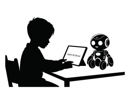 silueta de un niño interactuando con un pequeño robot utilizando un tableta computadora vector