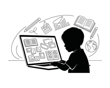 Child silhouette using laptop with educational icons and books floating around for online learning concept vector
