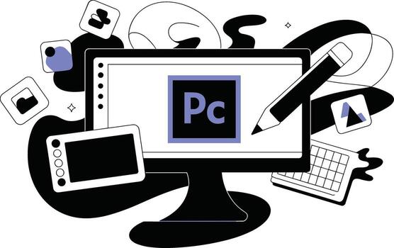 Creative digital workspace with computer monitor drawing tablet keyboard and adobe premiere pro icon vector
