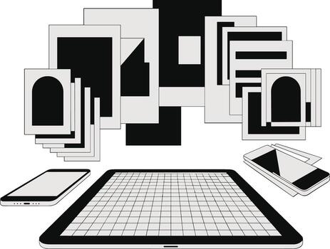 resumen geométrico formas y digital tableta con teclado y aguja para creativo diseño y tecnología conceptos vector