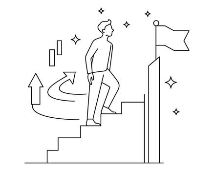 Man climbing stairs towards a flag representing success and achievement in a simple line art style vector