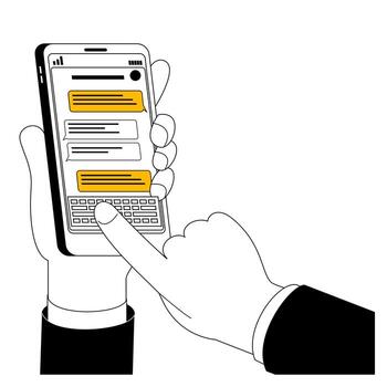 A hand typing a reply into a chat. Chatting with a bot. Artificial intelligence in online support. vector