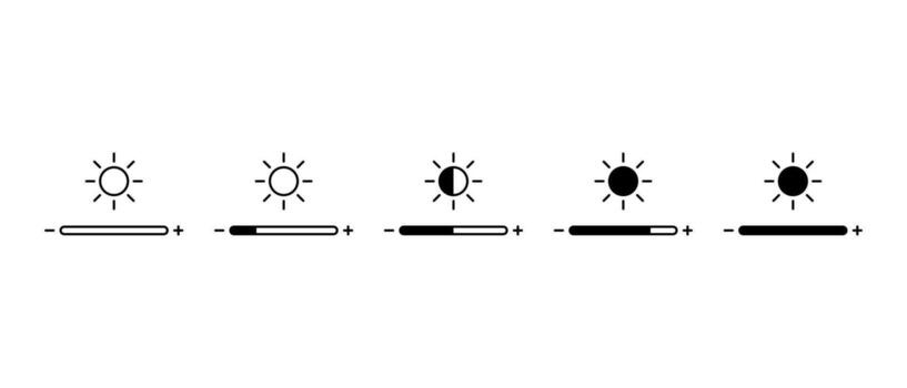 Display brightness control icon set. Light level adjustment symbol vector
