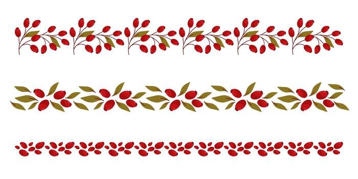 Set of horizontal dividers with rosehip berries and branches in dark red and olive tones. Ideal botanical elements for fall banners, invitations, and cards. vector