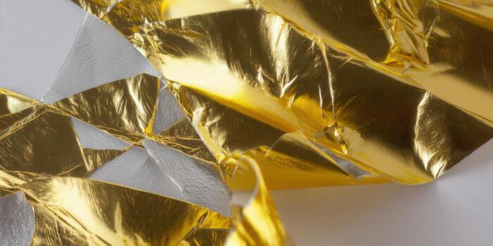 Close-up abstract shot of gold foil with rich textures and reflections. photo