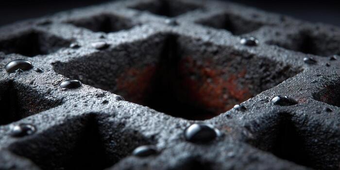 Intriguing close-up of a textured, dark surface with glistening water droplets. photo