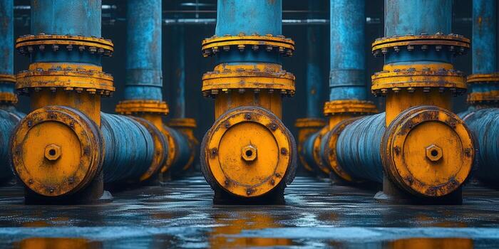 Industrial pipelines with yellow and blue color scheme, showcasing engineering and industry photo