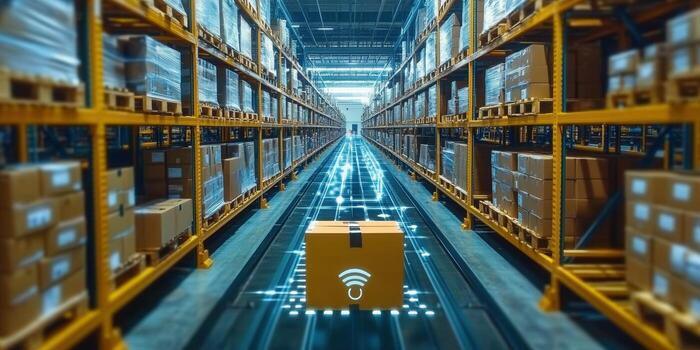 A futuristic warehouse scene showcasing automated logistics and delivery processes with a smart box. photo