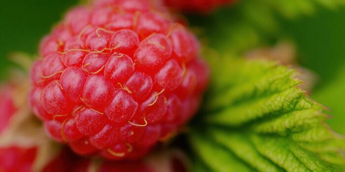 A close-up of a juicy, ripe raspberry against a backdrop of fresh green leaves. photo
