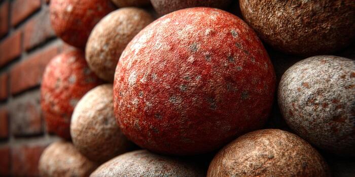 A striking image of red and brown stones with a textured brick wall background. photo