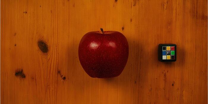 A perfectly ripe red apple rests beside a color calibration cube on a wooden table. photo
