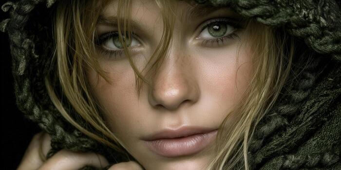 Beautiful woman with striking green eyes in a soft, artistic portrait setting. photo