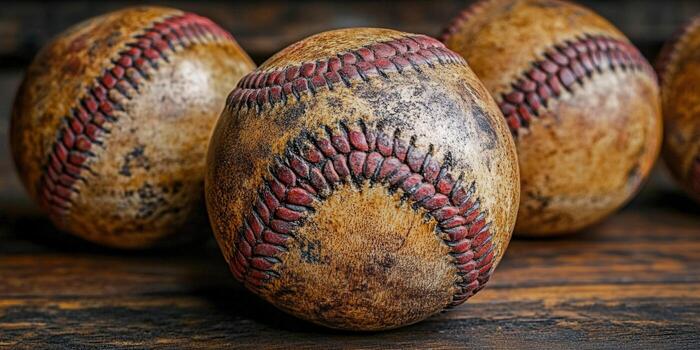 Old baseballs with weathered leather on a wooden surface, hinting at a game's history. photo
